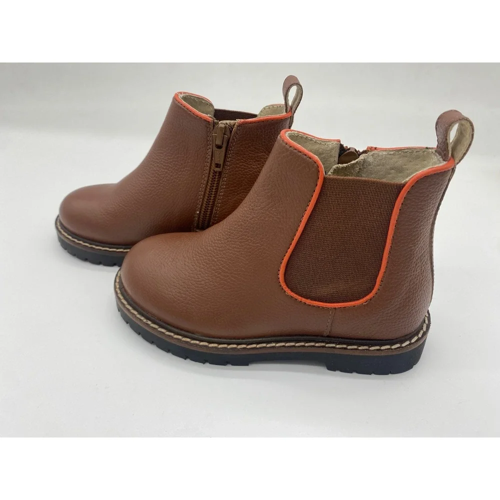 Mini Boden Kids Tan Pebbled Leather Chelsea Boots Orange Trim EU 25 C0680
